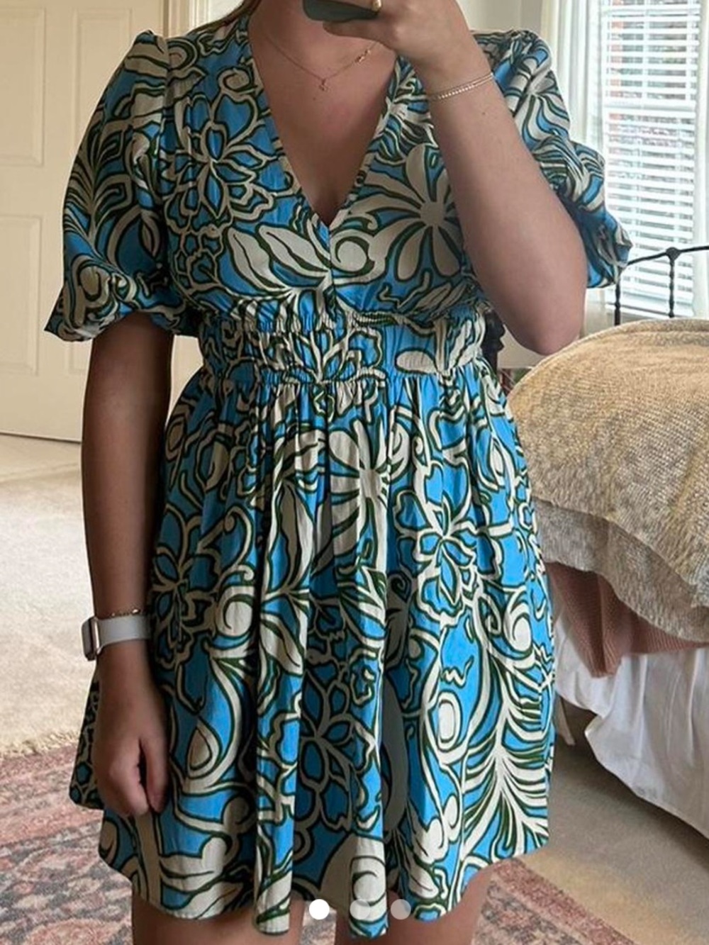 Sincerely Jules Blue & Cream Floral Smocked Waist Mini Dress